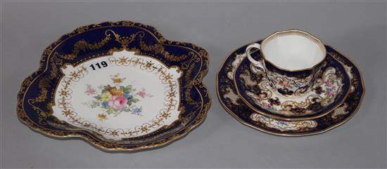 A Crown Derby leaf dish and Crown Derby trio